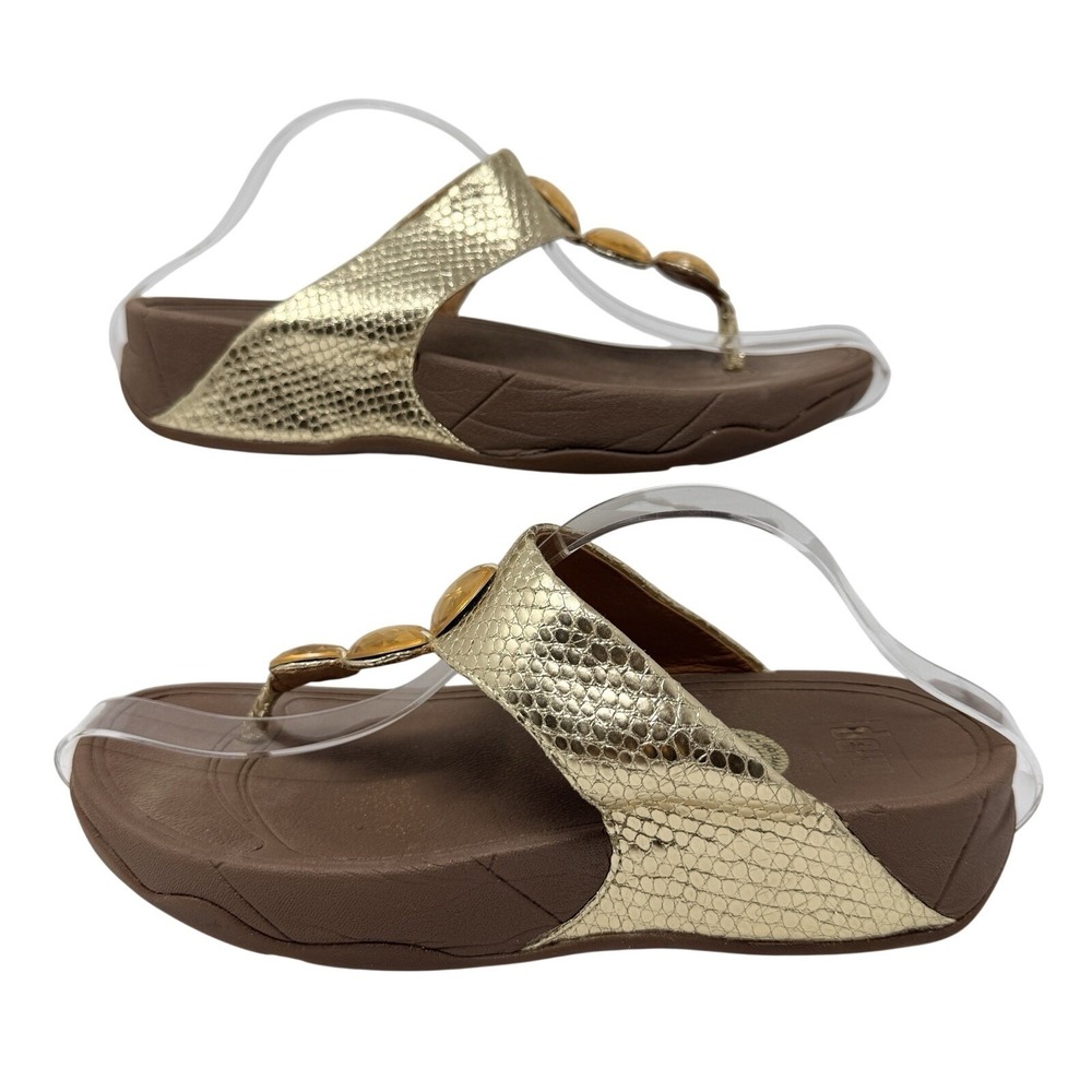 FitFlop‎ Petra Sandals Womens Size 8 Metallic Gold Leather Thong Slip On Jewel